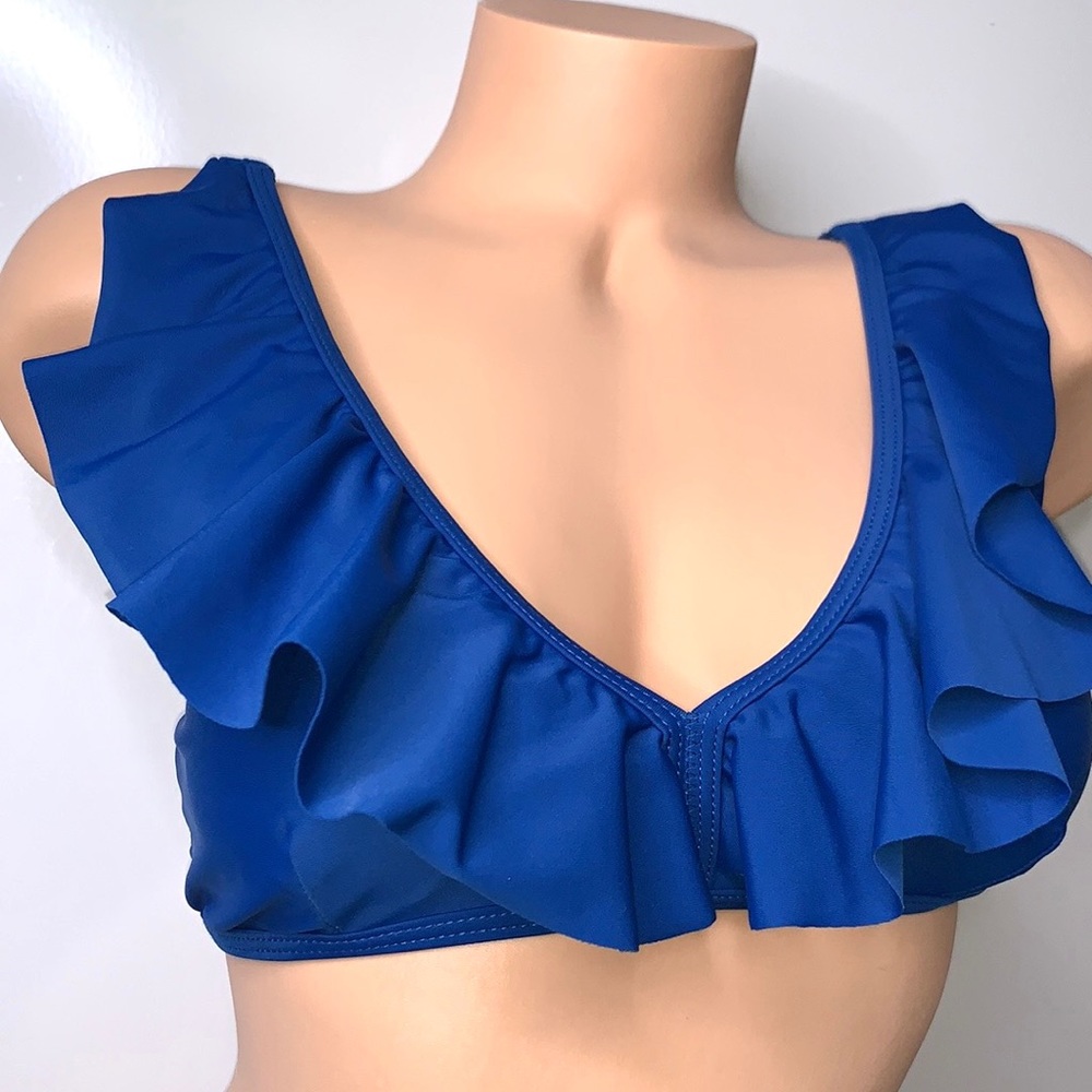 NEW VECVOC Blue Ruffle V-Neck Swimsuit Bikini Top